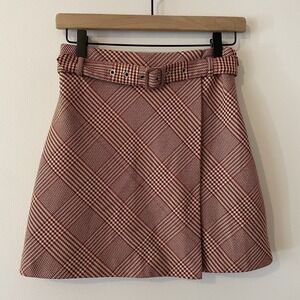 H&M Houndstooth Belted Mini Skirt Red Tan Size 4 Faux Wrap Y2K Academia Preppy
